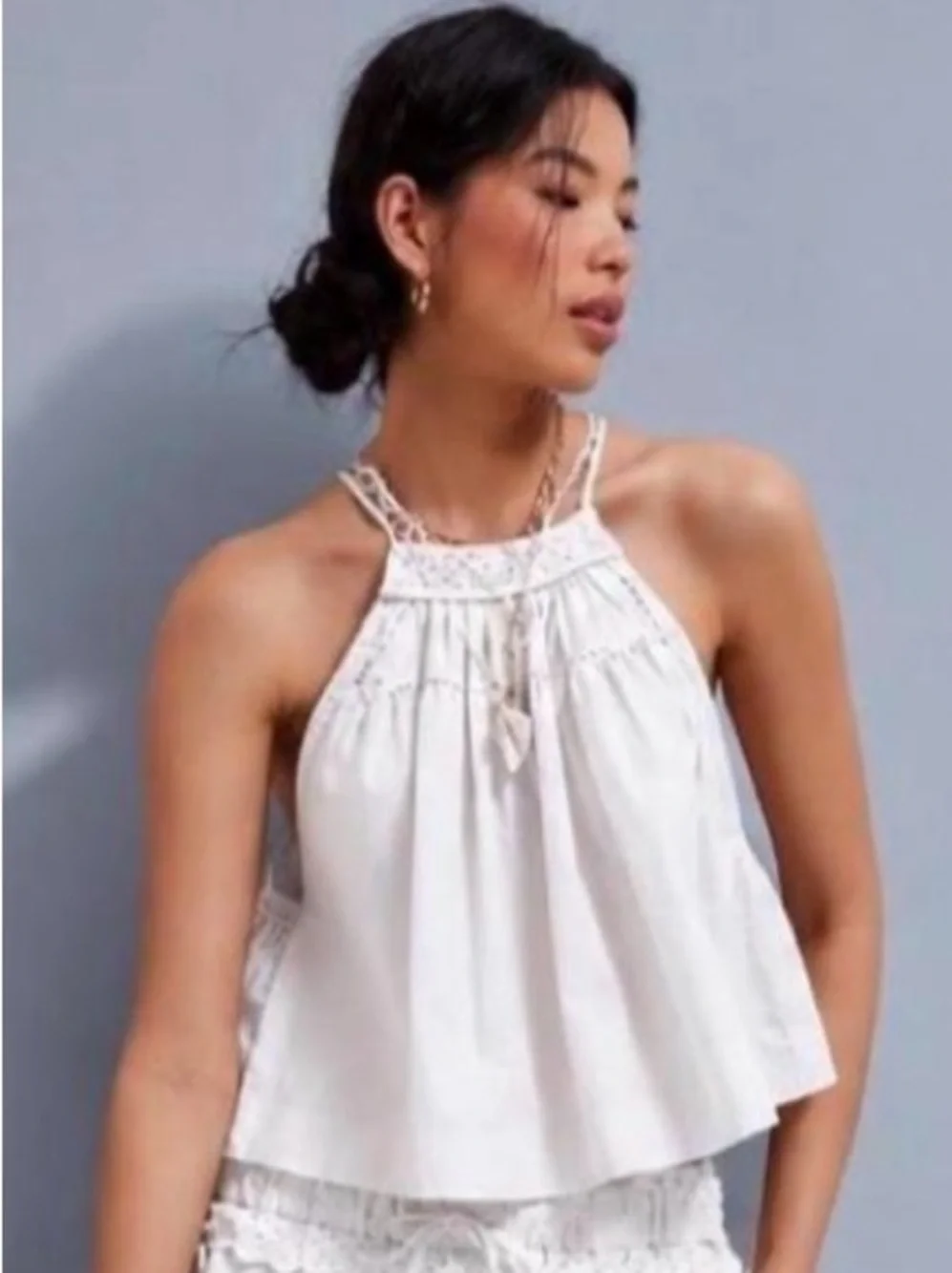 Free People White Crochet-Trim Spaghetti Straps Tank Size Small EUC